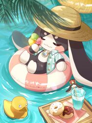 1other absurdres blush_stickers clock_necklace closed_eyes closed_mouth collared_shirt cup donut drinking_glass food green_shirt hakka_0922 hat hawaiian_shirt highres holding holding_ice_cream_cone honkai:_star_rail honkai_(series) ice_cream_cone innertube ocean palm_leaf pom-pom_(honkai:_star_rail) rubber_duck shirt spoon sun_hat swim_ring