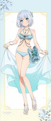 Rule 34 | 1girl, absurdres, bare shoulders, bead necklace, beads, bikini, blue eyes, braid, breasts, bridal legwear, date a live, frilled bikini, frills, full body, hair ornament, hairclip, highres, jewelry, looking at viewer, navel, necklace, official alternate costume, official art, short hair, smile, solo, swimsuit, third-party source, tobiichi origami, white hair