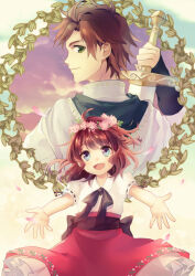 1boy 1girl ani_inako back-to-back blue_eyes brown_hair dame_x_prince eyelashes green_eyes holding holding_sword holding_weapon looking_back merveilles open_mouth outstretched_arms petals red_skirt shirt short_hair skirt sword teo_colton weapon white_background white_shirt