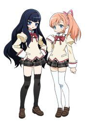 2girls black_hair black_skirt black_thighhighs blue_eyes bow bowtie brown_shoes final_fantasy final_fantasy_xiv full_body gaia_(ff14) hands_on_own_hips highres juliet_sleeves loafers long_sleeves looking_at_viewer miniskirt mitakihara_school_uniform multiple_girls orange_hair plaid_clothes plaid_skirt pleated_skirt puffy_sleeves red_bow red_bowtie ryne_waters school_uniform shoes side_ponytail simple_background skirt smile standing sweatdrop sweater thighhighs white_background white_thighhighs wuliu_heihuo yellow_sweater