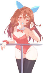 Rule 34 | 1girl, absurdres, alternate costume, animal ears, blush, breasts, candy, cleavage, collarbone, fence, food, hair between eyes, hair ornament, highres, horse ears, horse girl, kudo (user dzch8572), leotard, lollipop, playboy bunny, red eyes, small breasts, still in love (umamusume), thighhighs, umamusume, white background