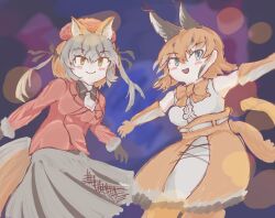 2girls animal_ears belt blue_eyes bow bowtie brown_hair caracal_(kemono_friends) cat_ears cat_girl cat_tail elbow_gloves extra_ears fox_ears fox_girl fox_tail gloves grey_hair hat hibiwarenibosi island_fox_(kemono_friends) jacket kemono_friends kemono_friends_v_project long_hair looking_at_viewer multiple_girls necktie orange_hair ribbon shirt simple_background skirt sleeveless sleeveless_shirt tail thighhighs twintails virtual_youtuber yellow_eyes