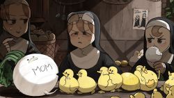 &gt;_&lt; 3girls baby_animal basket beak_hold bird blue_eyes brown_eyes brown_hair chicken chili_pepper commentary cupboard diva_(hyxpk) duck duckling earthworm eating english_commentary eyewear_on_head feathers food froggy_nun_(diva) fruit glasses glasses_nun_(diva) grin habit hanging_plant highres hungry_nun_(diva) index_finger_raised ladle lemon little_nuns_(diva) mole_(animal) mouth_hold multiple_girls nun object_on_head poster_(object) red_star round_eyewear scared slice_of_life smile spatula squinting star_(symbol) sweatdrop traditional_nun turnip