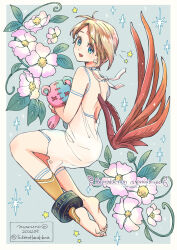 1girl absurdres barefoot blonde_hair breath_of_fire breath_of_fire_v dress facial_mark flower full-body_tattoo full_body highres looking_at_viewer maruno nina_(breath_of_fire_v) open_mouth panties red_wings see-through_clothes short_hair smile solo tattoo underwear white_dress white_panties wings
