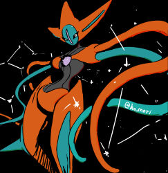 Rule 34 | alien, black background, black sclera, chest jewel, colored sclera, commentary, constellation, deoxys, deoxys (attack), feet out of frame, gem, gen 3 pokemon, harurie, highres, looking at viewer, mythical pokemon, nintendo, no mouth, pokemon, pokemon (creature), pokemon focus, purple gemstone, symbol-only commentary, twitter username