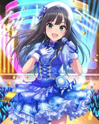 1girl black_hair blue_dress blush dress glowstick green_eyes hair_ribbon hat highres holding holding_microphone idolmaster idolmaster_cinderella_girls long_hair looking_at_viewer microphone open_mouth penlight_(glowstick) ribbon shibuya_rin solo sparkle stage standing white_hat