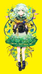 1girl animal ankle_boots ant beetle bird black_boots black_butterfly black_hat black_socks blouse blue_flower blue_rose boots branch bug butterfly chamaruk closed_mouth collared_shirt dragonfly eyeball female_focus fish floating_hair floral_print flower frilled_shirt_collar frilled_sleeves frills full_body green_eyes green_hair green_skirt hands_up hat hat_ribbon heart heart_of_string highres holding holding_unworn_clothes holding_unworn_hat insect komeiji_koishi leaf light_smile long_hair long_sleeves looking_at_viewer petals plant print_skirt ribbon rose rose_print shirt simple_background skirt socks solo standing swept_bangs tareme third_eye thorns touhou unworn_hat unworn_headwear wavy_hair wide_sleeves yellow_background yellow_ribbon yellow_shirt