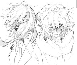 1boy 1girl beanie blood blood_on_face chidouin_sara collared_shirt frown greyscale hair_between_eyes hat highres hiyori_sou kimi_ga_shine lapels long_hair looking_at_viewer monochrome necktie ponytail scarf shirt short_hair simple_background sodium_(sdd1234364) sweatdrop upper_body white_background