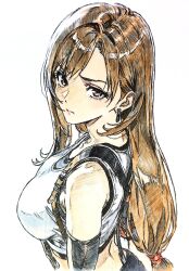 Rule 34 | 1girl, absurdres, breasts, brown hair, crop top, earrings, elbow gloves, final fantasy, final fantasy vii, final fantasy vii remake, from above, gloves, highres, i4teruz, jewelry, long hair, low-tied long hair, red eyes, solo, suspenders, tank top, tifa lockhart, upper body, white tank top
