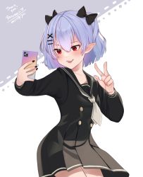 1girl absurdres black_nails cellphone commission dress female_focus hair_ornament hairclip highres nail_polish original phone pointy_ears purple_hair red_eyes ribbon rika_roseingrave sailor_dress school_uniform selfie_pose smartphone smile upper_body