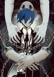 1boy blue_hair chain earphones_removed gekkoukan_high_school_uniform gloves grey_eyes headphones highres otoko_haza persona persona_3 persona_3_reload school_uniform short_hair thanatos_(persona) yuuki_makoto_(persona_3)