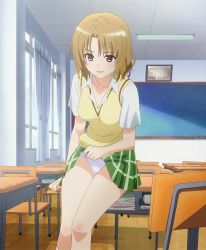 anime_screenshot breasts brown_eyes brown_hair cardigan chair classroom clothes_lift day desk feet_out_of_frame flashing green_skirt indoors leaning_forward lifting_own_clothes medium_breasts medium_hair momioka_risa on_desk panties school_chair school_desk school_uniform short_sleeves sitting skirt skirt_lift standing stitched third-party_edit to_love-ru underwear white_panties
