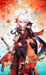 1boy absurdres animal animal_on_shoulder antenna_hair armor asymmetrical_sleeves autumn_leaves black_pants black_robe cat cat_on_shoulder commentary_request cowboy_shot genshin_impact highres japanese_clothes kaedehara_kazuha kagotsurube_isshin_(genshin_impact) kimono leaf leaf_print long_sleeves male_focus medium_hair multicolored_hair pants pom_pom_(clothes) red_eyes red_hair robe sheya short_sleeves shoulder_armor standing streaked_hair white_hair white_kimono