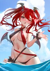 1girl absurdres bat_wings bikini black_bikini blue_sky blush breasts cleavage cloud head_wings heart highres indie_virtual_youtuber littleling long_hair looking_at_viewer multicolored_bikini one_eye_closed pbjae pointy_ears red_bikini red_eyes second-party_source sky solo swimsuit thick_thighs thighs twintails two-tone_bikini virtual_youtuber wading water wings