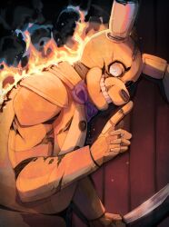 1boy animal_ears animatronic artist_name bow bowtie burning commentary crazy_eyes crazy_grin english_commentary finger_to_mouth fire five_nights_at_freddy&#039;s five_nights_at_freddy&#039;s_(2023_movie) grin hand_up highres holding holding_knife index_finger_raised knife looking_at_viewer looking_to_the_side male_focus purple_bow purple_bowtie rabbit_ears rorokonaa shushing smile solo spring_bonnie_(fnaf) teeth wide-eyed