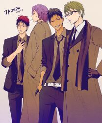 2020 4boys a_jou alternate_costume aomine_daiki belt belt_buckle black-framed_eyewear black_hair black_jacket black_necktie black_pants black_scarf brown_coat buckle coat collared_shirt commentary_request dark-skinned_male dark_skin forked_eyebrows gloves green_eyes green_hair grey_shirt grin hand_on_own_hip jacket kagami_taiga kuroko_no_basuke lapels long_sleeves looking_ahead looking_to_the_side loose_necktie male_focus midorima_shintarou multiple_boys murasakibara_atsushi necktie open_clothes open_jacket pants parted_lips purple_eyes purple_hair red_eyes red_hair scarf semi-rimless_eyewear shirt short_hair sideways_glance simple_background smile standing striped_clothes striped_shirt suit_jacket teeth trench_coat twitter_username white_belt white_shirt wing_collar