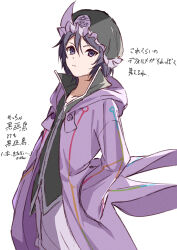 1other androgynous arrow_print black_hat black_shirt buttons closed_mouth collarbone collared_shirt commentary_request cowboy_shot dot_nose floating_clothes frilled_headwear frilled_shorts frills hair_between_eyes hand_in_pocket hat high_collar highres hood hood_down hooded_jacket jacket len&#039;en light_frown long_sleeves looking_at_viewer mob_cap open_clothes open_jacket other_focus purple_eyes purple_hair purple_jacket purple_shorts shirt shitodo_kuroji short_hair shorts simple_background solo standing translation_request triangular_headpiece tsurime white_background wind yoni. zipper zipper_pull_tab