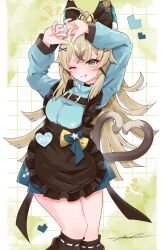 1girl :p apron aqua_jacket black_apron black_leg_warmers blonde_hair blue_skirt bow breasts cat_girl cat_tail cowboy_shot fingernails frilled_apron frills genshin_impact green_eyes green_nails grid_background heart highres jacket kirara_(genshin_impact) leg_warmers long_hair medium_breasts multiple_tails nail_polish nekomata notice_lines one_eye_closed ribbon skirt slit_pupils tail tongue tongue_out track_jacket tsukine122 two_tails waist_apron