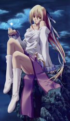 1girl akiba_yuji bad_id blonde_hair blue_sky boots breasts buttons cliff cloud commentary_request dated_commentary full_body hair_ribbon long_hair looking_at_viewer medium_breasts off-shoulder_shirt off_shoulder open_mouth original outdoors panties purple_ribbon purple_skirt red_eyes ribbon rock shirt sitting skirt sky solo underwear very_long_hair white_boots white_panties white_shirt