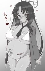 Rule 34 | 1girl, an (blue archive), between breasts, bikini, blue archive, blush, breasts, coat, glasses, greyscale, halo, heart, highres, large breasts, long hair, long sleeves, looking at viewer, monochrome, multicolored hair, necktie, necktie between breasts, open clothes, open coat, pregnancy halo, pregnant, side-tie bikini bottom, simple background, solo, sweat, swimsuit, translation request, very long hair, yuki to hana