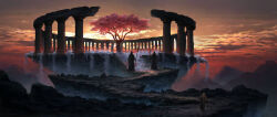 1boy architecture cane cherry_blossoms cloud column dawn fantasy from_behind greco-roman_architecture greco-roman_clothes holding holding_cane landscape mountainous_horizon old old_man original painterly path pillar piotrdura road rock scenery statue sunlight toga tree walking