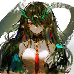 1girl anpoai arknights bare_shoulders black_hair chinese_commentary cleavage_cutout closed_mouth clothing_cutout commentary_request dragon_girl dragon_horns dusk_(arknights) earrings green_hair hair_over_one_eye highres horns jewelry long_hair multicolored_hair necktie off_shoulder one_eye_covered orange_eyes pointy_ears portrait red_necktie sketch solo streaked_hair
