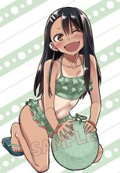 Rule 34 | 1girl, 774 (nanashi), ;d, bikini, black hair, brown eyes, earrings, fang, flip-flops, food, frilled bikini, frills, fruit, full body, green bikini, ijiranaide nagatoro-san, jewelry, long hair, looking at viewer, nagatoro hayase, navel, official art, one-piece tan, one eye closed, open mouth, sample watermark, sandals, single earring, skin fang, smile, solo, stomach, swimsuit, tan, tanline, toes, watermark, watermelon