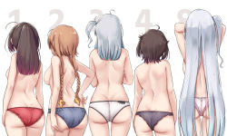 5girls absurdres ahoge akizuki_(kancolle) ass ass_support back black_hair black_panties blue_panties braid breasts brown_hair commentary_request cowboy_shot facing_away from_behind fuyutsuki_(kancolle) hair_flaps hair_ornament hand_on_own_ass hands_in_hair hatsuzuki_(kancolle) highres kantai_collection kiritto lace lineup long_hair median_furrow medium_breasts multiple_girls one_side_up panties pink_panties pointy_hair ponytail propeller_hair_ornament red_panties short_hair shoulder_blades side-tie_panties sideboob simple_background suzutsuki_(kancolle) teruzuki_(kancolle) thigh_gap topless_female twin_braids underwear underwear_only very_long_hair wedgie white_background white_panties