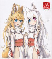 2girls ahoge animal_ear_fluff animal_ears blonde_hair blue_eyes blush detached_sleeves fox_ears fox_girl fox_tail heterochromia highres japanese_clothes kazekiri loli long_hair looking_at_viewer multiple_girls no_panties open_mouth original pelvic_curtain smile tail thighs white_hair white_sleeves