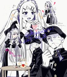 ... alternate_costume apron atyakodayo1 bandaged_head bandages black_dress black_jacket black_pants bleeding blood blood_from_mouth chabudai_(table) chibi chibi_inset clenched_hand collared_dress colored_tongue commentary_request covered_face dated drawn_halo drawn_wings dress enmaided fang flying_sweatdrops food gakuseibou geminism gloves grey_hair halo hand_up hat heart heart_hands heart_in_heart_hands highres hirosoma_kikyou jacket juliet_sleeves ketchup_bottle long_dress long_hair long_sleeves maid maid_apron moe_moe_kyun! multiple_views neck_ribbon omelet omurice one_eye_covered open_mouth pants parted_lips puffy_sleeves purple_eyes purple_ribbon purple_tongue ribbon seiza serious sitting sleeve_cuffs smile sparkle spoken_ellipsis swept_bangs table translation_request twitter_username two_side_up v-shaped_eyebrows white_gloves yamaga_awasumi