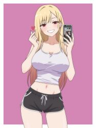 1girl absurdres black_shorts blonde_hair border breasts camisole commentary cowboy_shot dani_(angrymatthew) dolphin_shorts ear_piercing earrings gyaru heart highres holding holding_phone jewelry kitagawa_marin large_breasts long_hair midriff navel open_mouth phone piercing purple_background red_eyes shorts smile solo sono_bisque_doll_wa_koi_wo_suru thighs white_border white_camisole