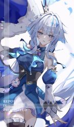 1girl black_thighhighs blue_dress blue_eyes blue_hair breasts cape cerydra_(honkai:_star_rail) crown detached_sleeves dress fur-trimmed_cape fur_trim hair_intakes highres honkai:_star_rail honkai_(series) long_hair looking_at_viewer medium_breasts mini_crown nukoxx_02 parted_lips simple_background single_thighhigh solo thighhighs thighs white_background wings