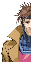 1boy bengus black_eyes bodysuit brown_hair capcom close-up coat facial_hair gambit game_cg highres jacket male_focus marvel marvel_vs._capcom non-web_source official_art portrait production_art red_pupils short_hair solo superhero_costume trench_coat upper_body white_background x-men