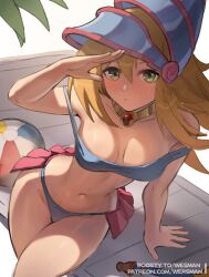 1girl alternate_costume arm_support artist_name ball beachball bikini blonde_hair blue_bikini blush boosty_username breasts breasts_apart closed_mouth collar cowboy_shot crossed_legs dark_magician_girl day double-parted_bangs double_strap_slip frilled_bikini frills green_eyes hair_between_eyes hand_up highres large_breasts long_bangs long_hair looking_at_viewer metal_collar navel outdoors patreon_username phrygian_helmet pier shading_eyes shadow simple_background sitting solo stomach sunlight swimsuit wand wersman white_background yu-gi-oh!