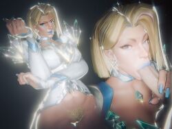 1boy 1girl 3d blonde_hair blonde_pubic_hair blue_lips blue_nails bob_cut breasts ccrgltmnt emma_frost fellatio marvel marvel_rivals navel no_panties oral penis pubic_hair pussy