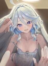 1boy 1girl absurdres ahoge alternate_costume armpit_crease babydoll bare_shoulders blue_babydoll blue_eyes blue_hair blue_pupils blush breasts collarbone commentary covered_navel drop-shaped_pupils furina_(genshin_impact) genshin_impact hair_between_eyes hair_intakes heterochromia highres indoors looking_at_viewer medium_breasts medium_hair open_mouth pov pov_hands smile strap_slip symbol-shaped_pupils under_covers vitaminechan