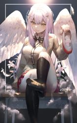 Rule 34 | 1girl, :3, absurdres, angel, angel wings, arm support, black socks, blush, breasts, brown cardigan, cardigan, commentary request, cross hair ornament, feathered wings, feathers, feet, flower, foot out of frame, gabriel dropout, hair ornament, hani haya, highres, holding, holding shoes, holding unworn clothes, huge filesize, kneehighs, leg up, light purple hair, long hair, long sleeves, looking at viewer, medium breasts, no shoes, raphiel shiraha ainsworth, red skirt, school uniform, shoes, sidelocks, sitting, skirt, socks, solo, unworn shoes, uwabaki, white flower, white shoes, white wings, wings, yellow eyes