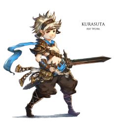 Rule 34 | 1boy, artist name, bad id, bad pixiv id, boots, bracer, brown boots, brown pants, clenched hand, fantasy, full body, headband, highres, holding, holding sword, holding weapon, kurasuta, male focus, navel, original, pants, pouch, solo, spiked hair, standing, sword, weapon, white hair