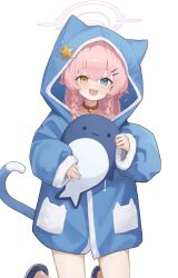 1girl bell blue_archive blue_eyes blue_pajamas braid cat_tail choker commentary fang gmi_(jimmyovob) hair_ornament hairclip halo heterochromia highres hoshino_(blue_archive) hugging_doll hugging_object kneeling long_hair long_sleeves looking_at_viewer neck_bell open_mouth pajamas pink_hair pink_halo red_choker simple_background smile solo tail twin_braids white_background yellow_eyes