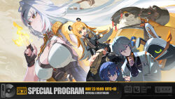 Rule 34 | 1other, 2boys, 3girls, bandana, bandana around neck, bangboo (zenless zone zero), belle (zenless zone zero), blonde hair, blue hair, breasts, brother and sister, chinese clothes, cleavage, closed mouth, commentary, crossed bangs, english commentary, english text, eous (zenless zone zero), facing viewer, frown, green eyes, grey hair, hair between eyes, highres, ju fufu, looking at viewer, medium breasts, multiple boys, multiple girls, official art, open mouth, orange bandana, pan yinhu, siblings, smile, white hair, wise (zenless zone zero), yellow eyes, yixuan (zenless zone zero), zenless zone zero