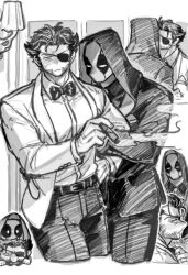 Rule 34 | 2boys, animification, belt, bodysuit, bow, bowtie, chibi, cigar, closed mouth, collared shirt, cowboy shot, deadpool, deadpool &amp; wolverine, deadpool (series), dishing, eyepatch, facial hair, fingernails, formal clothes, from side, greyscale, highres, holding, holding cigar, hood, jacket, kiss, lamp, lapels, long sleeves, looking at viewer, male focus, marvel, marvel cinematic universe, monochrome, multiple boys, multiple views, necktie, open clothes, open jacket, open mouth, pants, shirt, short hair, simple background, smoke, standing, suit, suit jacket, superhero costume, v-shaped eyebrows, wolverine (x-men), x-men, yaoi