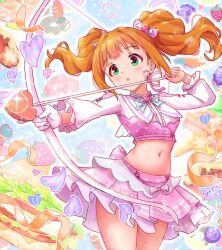 1girl :o absurdres arrow_(projectile) blue_bow blue_bowtie blush bow bow_(weapon) bowtie burger carrot cowboy_shot cropped_shirt donut floating_hair food fruit gloves grapes green_eyes hair_bow hashtag-only_commentary heart highres holding holding_bow_(weapon) holding_weapon idolmaster idolmaster_(classic) idolmaster_million_live! idolmaster_million_live!_theater_days koaya layered_skirt long_sleeves looking_to_the_side midriff navel official_alternate_costume orange_hair pink_bow pink_skirt ribbon signature single_glove skirt solo sparkle standing strawberry takatsuki_yayoi twintails weapon white_gloves