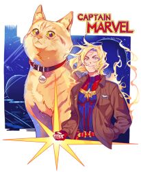 1girl animal animal_ear_fluff animal_ears animal_nose animification belt black_eyes blonde_hair blue_bodysuit blue_eyes blue_sky bodysuit border brown_jacket captain_marvel captain_marvel_(movie) carol_danvers cat cat_ears cat_tail character_name clenched_hand closed_mouth collar collared_jacket colored_sclera goose_(marvel) hand_in_pocket hand_up inzup jacket long_sleeves looking_at_viewer marvel marvel_cinematic_universe military_jacket open_clothes open_jacket outside_border pocket red_belt red_bodysuit red_collar saturn_(planet) short_hair sky smile space sparkle standing star_(sky) star_(symbol) starry_sky superhero_costume tail two-tone_bodysuit v-shaped_eyebrows white_border yellow_fur yellow_sclera