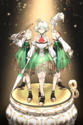 1girl absurdres catlover_301 cecilia_immergreen cecilia_immergreen_(1st_costume) detached_collar detached_sleeves doll_joints green_eyes green_skirt grey_hair headless highres holding holding_polearm holding_weapon hololive hololive_english joints music_box one_eye_closed polearm skirt smile spear virtual_youtuber weapon winding_key