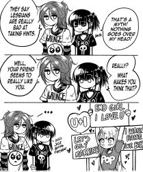 ... 3girls 3koma :3 balloon black_shirt blush clueless comic commentary corrupted_twitter_file denial earrings emo-girl_(grs-) emo_fashion emoji_print english_commentary english_text freckles greyscale grs- grunge-girl_(grs-) grunge_(genre) heart heart_balloon highres holding holding_sign jewelry layered_sleeves long_hair long_sleeves monochrome multiple_girls no_mouth original ponytail pop-girl_(grs-) shirt short_over_long_sleeves short_sleeves sign skull_print speech_bubble striped_sleeves t-shirt