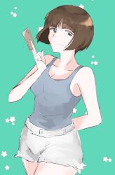 1girl aqua_background arm_behind_back banknote bare_shoulders blunt_bangs bob_cut breasts brown_eyes brown_hair cleavage closed_mouth collarbone commentary cowboy_shot cutoffs grey_tank_top hand_up highres holding holding_money inverted_bob large_breasts light_smile money narrowed_eyes ranma_1/2 sakakisoo short_hair short_shorts shorts smile smug solo standing star_(symbol) tank_top tendou_nabiki white_shorts