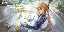 1girl artist_request black_gloves black_ribbon blue_jacket blush box bread bread_slice chinese_commentary commentary_request copyright_name cup flower food fried_egg fried_egg_on_toast girls&#039;_frontline girls&#039;_frontline_2:_exilium gloves green_eyes hair_ribbon half_gloves highres holding holding_box jacket logo long_hair neck_ribbon official_art pants parted_lips pillow plate pool ribbon saucer sitting smile solo spoon springfield_(girls&#039;_frontline) teacup toast vegetation white_pants yellow_flower