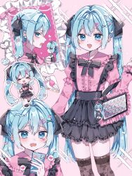 &gt;_&lt; 1girl :d aegyo_sal bag black_bow black_bowtie black_skirt blue_eyes blue_hair blue_nails blush bow bowtie center_frills character_charm character_doll charm_(object) chibi chibi_inset collared_shirt commentary_request cross-laced_slit doll dot_nose double-parted_bangs ear_piercing earrings elbow_carry fang feet_out_of_frame floral_print floral_print_thighhighs food frilled_shirt_collar frilled_skirt frilled_sleeves frills hair_between_eyes hair_bow hair_intakes hair_ornament hatsune_miku heart heart_earrings heart_in_eye high-waist_skirt highres hiro_0607 holding holding_bag holding_doll holding_food holding_phone holding_spring_onion holding_vegetable itabag jewelry jirai_kei lace lace-trimmed_skirt lace_thighhighs lace_trim long_hair long_sleeves looking_at_phone looking_at_viewer miniskirt multiple_views nail_polish number_hair_ornament open_mouth outline phone piercing pink_background pink_bow pink_nails pink_shirt portrait profile raised_inner_eyebrows rose_print shirt simple_background skin_fang skirt sleeve_bow smile sparkle spoken_heart spring_onion standing suspender_skirt suspenders symbol_in_eye thighhighs twintails vegetable very_long_hair vocaloid wavy_mouth white_bow white_outline x_hair_ornament zettai_ryouiki