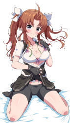 1girl absurdres ahoge bike_shorts black_gloves black_shorts black_skirt black_vest bra breasts cleavage clothes_lift eggman_(ni_tamagoex) fingerless_gloves full_body gloves green_ribbon highres kagerou_(kancolle) kagerou_kai_ni_(kancolle) kantai_collection lifting_own_clothes long_hair medium_breasts miniskirt neck_ribbon open_clothes open_shirt open_vest pleated_skirt ribbon school_uniform shirt short_sleeves shorts shorts_under_skirt skirt skirt_lift solo twintails underwear vest white_bra white_ribbon white_shirt