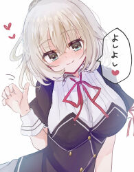 Rule 34 | 1girl, absurdres, black shirt, blush, breasts, buttons, closed mouth, commentary request, double-breasted, eyes visible through hair, green eyes, grey hair, hair between eyes, hand up, happy, heart, highres, large breasts, looking at viewer, medium hair, motion lines, neck ribbon, nora to oujo to noraneko heart, red ribbon, ribbon, sakaniwa t, school uniform, shirt, simple background, smile, solo, speech bubble, translation request, upper body, white background, white wrist cuffs, wrist cuffs, yuuri shachi